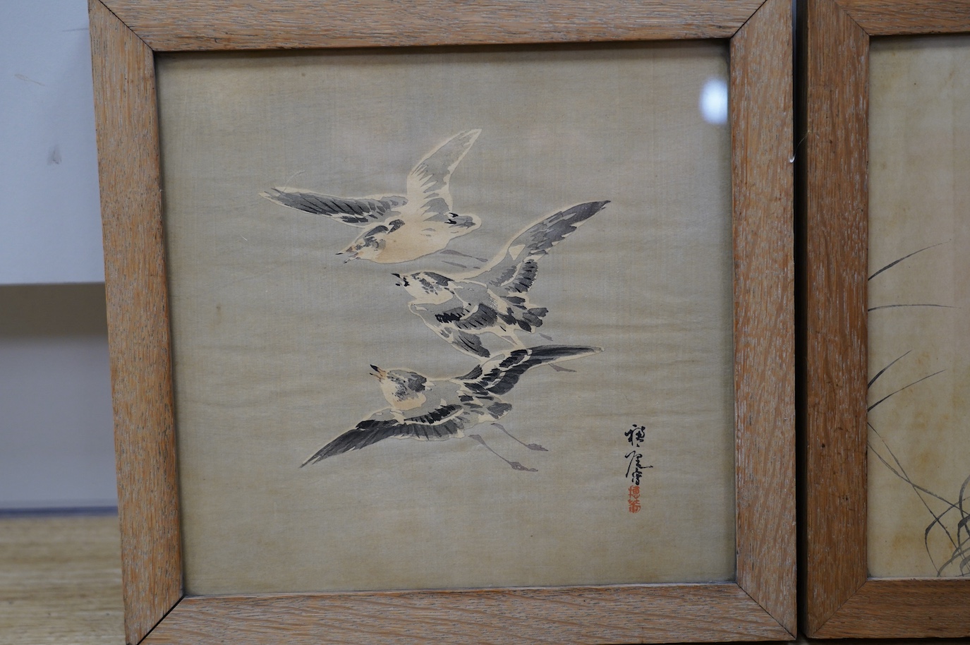 Ohara Koson (1877-1945), Japanese woodblock print, Study of a duck, together with another by Suian Hirafuku, Birds in flight, each 23 x 23cm. Condition - poor to fair